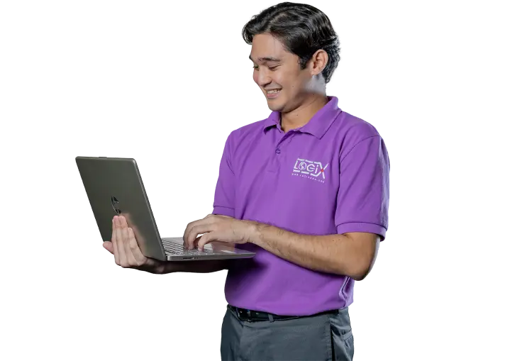 Customer service representative holding a laptop